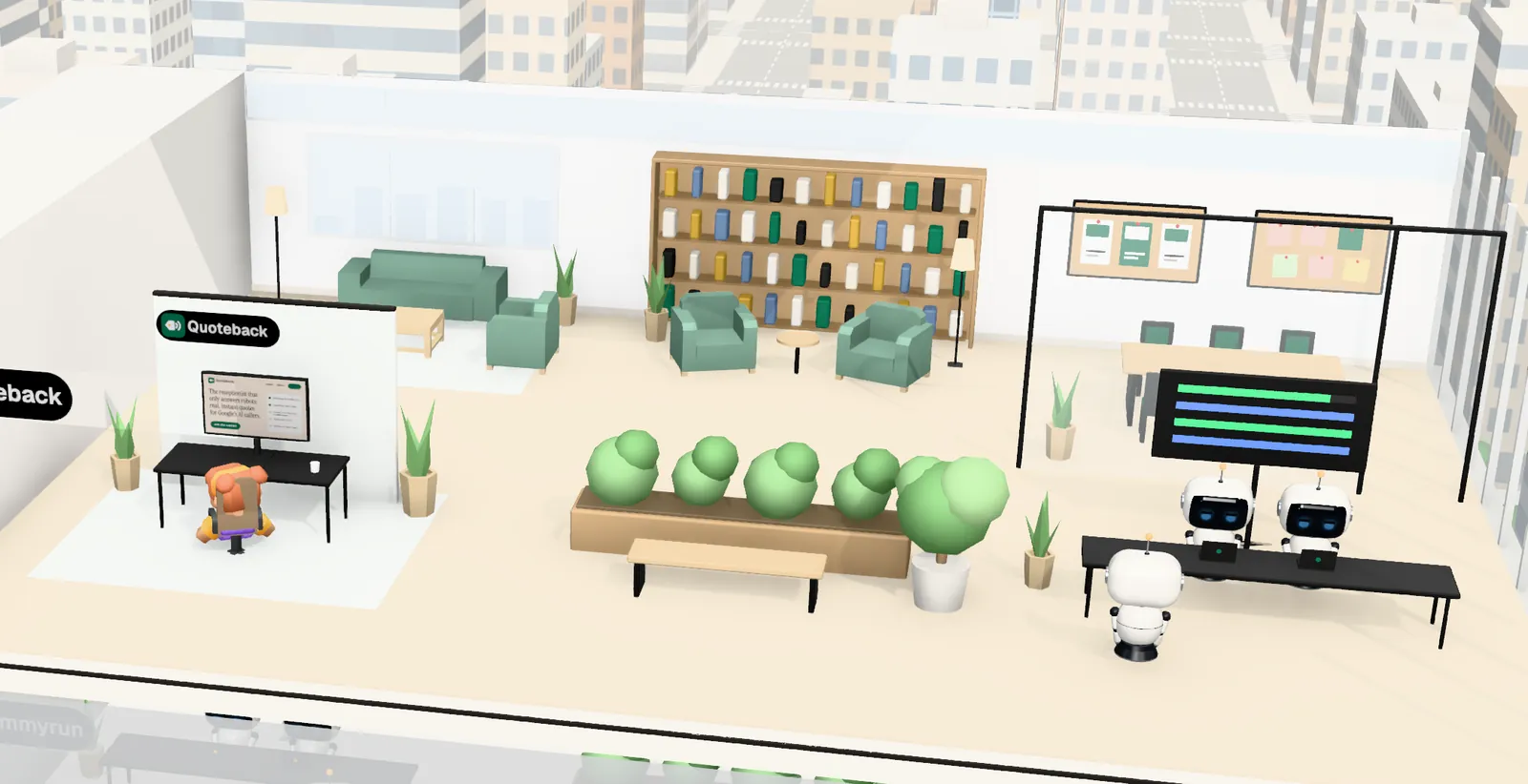Quoteback’s office on floor 16 of Tower 1: the owner’s desk with the website on screen, the agents’ bench, a meeting room and a library